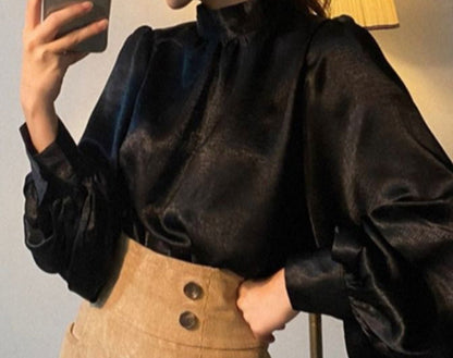 maoxiangshop 2000s fashion Spring and Autumn Korean-Style Fashionable Stand Collar Personalized All-Match Lantern Sleeve Satin Shirt Top for Women
