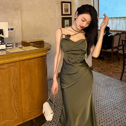 maoxiangshop-shop party dresses Satin Sling Dress Women's Early Spring New Slimming Slim High-Grade Long Dress