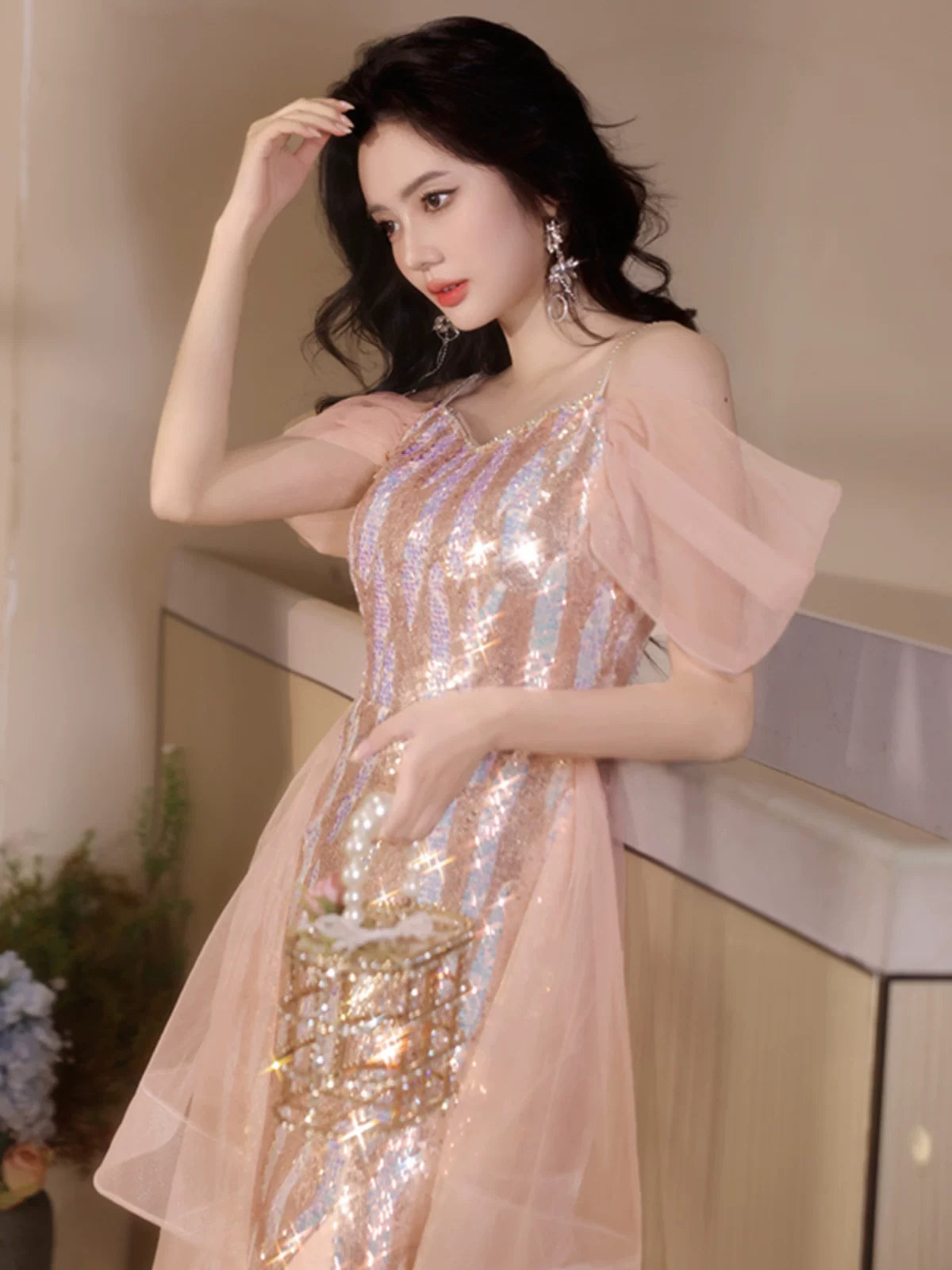 Evening dress high-end atmosphere high-grade women's  new light luxury niche socialite high-end sense shining fishtail skirt autumn