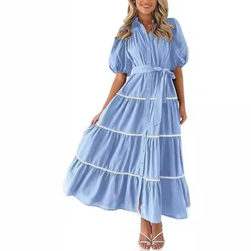 maoxiangshop 2024 Women's Clothing Puff Sleeve Lace Layered Pleated Short-sleeved Shirt Dress