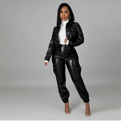maoxiangshop-shop lookbook outfits Autumn and Winter Hot Sale Fashion Slim PU Leather Fleece Trousers 6 Pockets Tooling Suit Temperament Factory