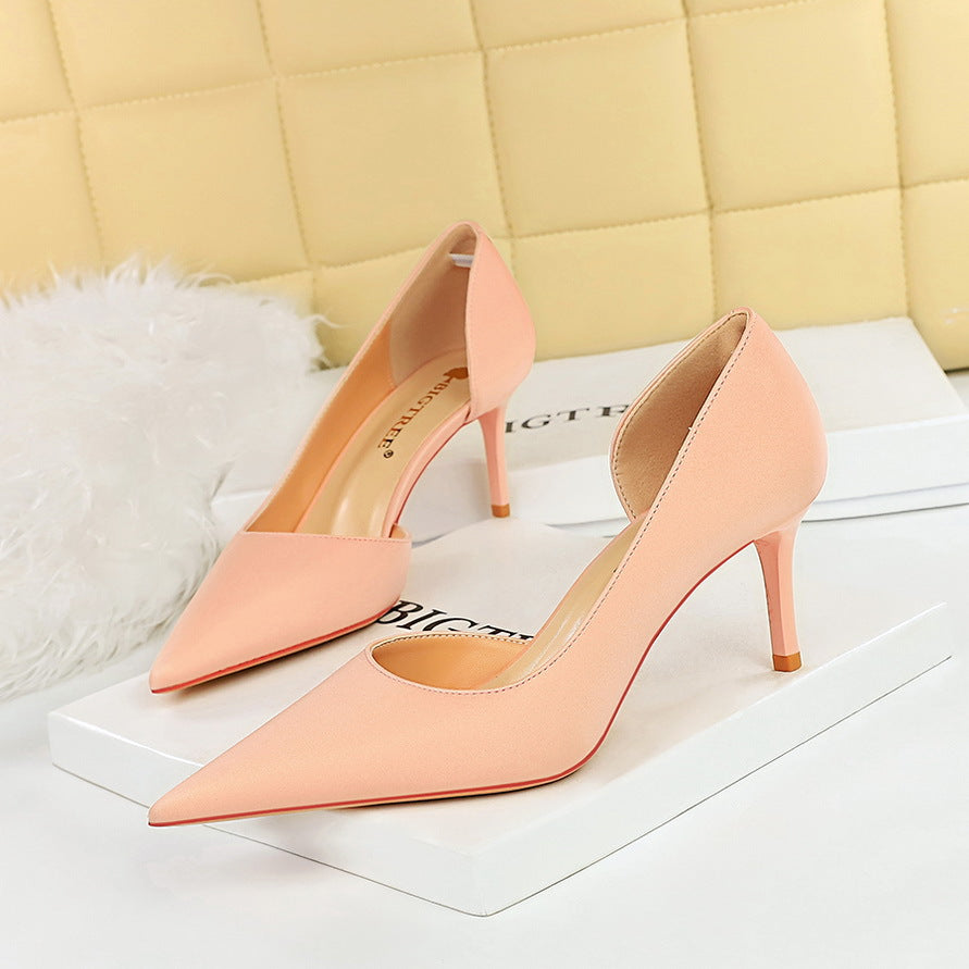3226-A2 Korean version of simple high heel thin heel shallow mouth pointed side hollow professional OL versatile high heels women's single shoes