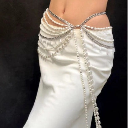 2025 LH4701  New new pearl with metal chain waist chain fashionable and versatile multi-layer combination waist chain belt