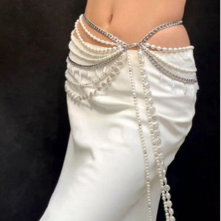 2025 LH4701  New new pearl with metal chain waist chain fashionable and versatile multi-layer combination waist chain belt
