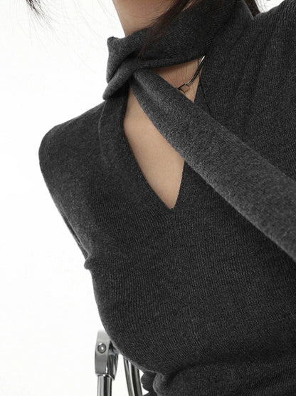 pure desire slim elastic bottom knitted sweater women's spring and summer V-neck Spice Girl slim casual long-sleeved top ins