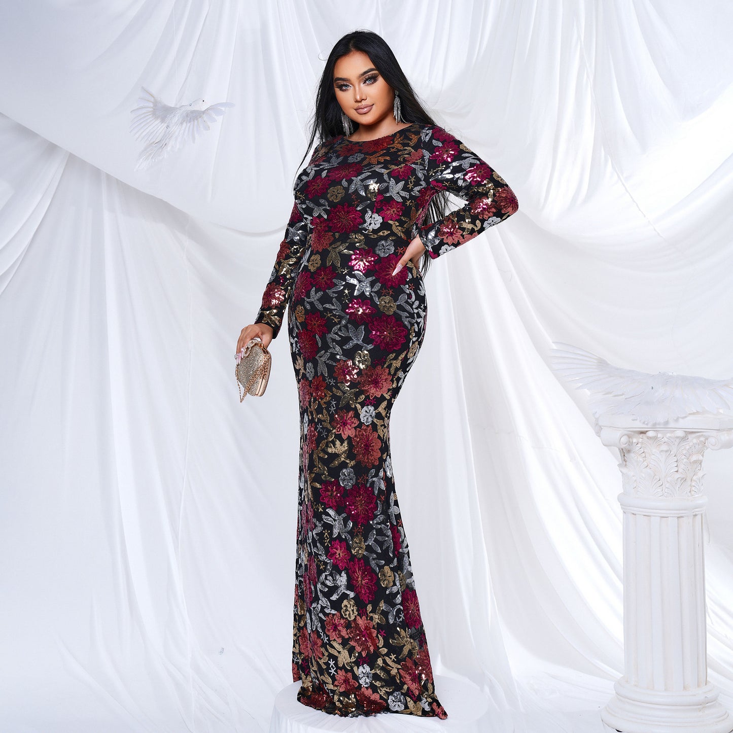 2025 Popular trade Popular,  and the United States fat mm large size women's clothing long-sleeved round neck banquet sexy sequined evening dress dress