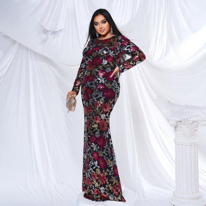 2025 Popular trade Popular,  and the United States fat mm large size women's clothing long-sleeved round neck banquet sexy sequined evening dress dress