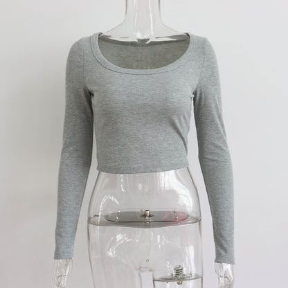 maoxiangshop outfit ideas for school Large round Neck Long Sleeve Rib Short Top Women's Casual Sexy Autumn and Winter Knitted Bottoming Shirt Street Slim T-shirt