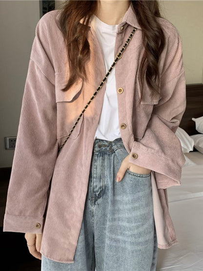 maoxiangshop-shop fall outfits aesthetic Early Spring Loose Mid-Length Shirt Retro Hong Kong Style Long Sleeve Corduroy Coat Women's Clothing Design Sense Niche Shirt