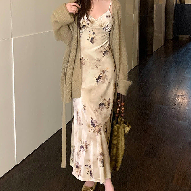 2025 Thirteen Lines popular Autumn New Temperament Printing Pure Desire High Waist Suspender Dress Women 88105