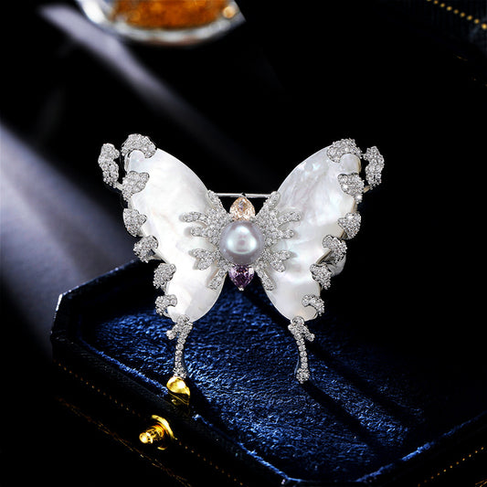 2025 Designer high-end natural fritillary butterfly brooch exquisite luxury inlaid zircon pearl insect pin brooch