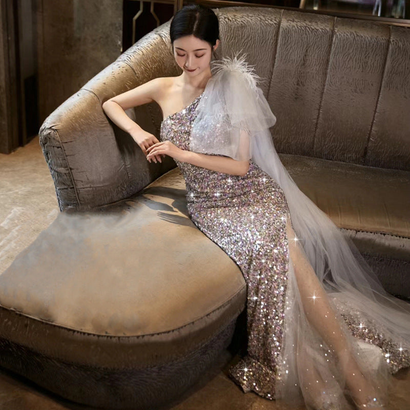 New toasting clothes haute couture light luxury evening dress women New feeling single shoulder fishtail sequins formal settings host skirt