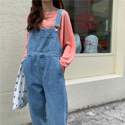 maoxiangshop pumpkin patch outfit Korean Style Denim Suspender Pants for Women 2024 Spring and Autumn New Loose High Waist Straight Wide Leg Draping Mop One-Piece Trousers