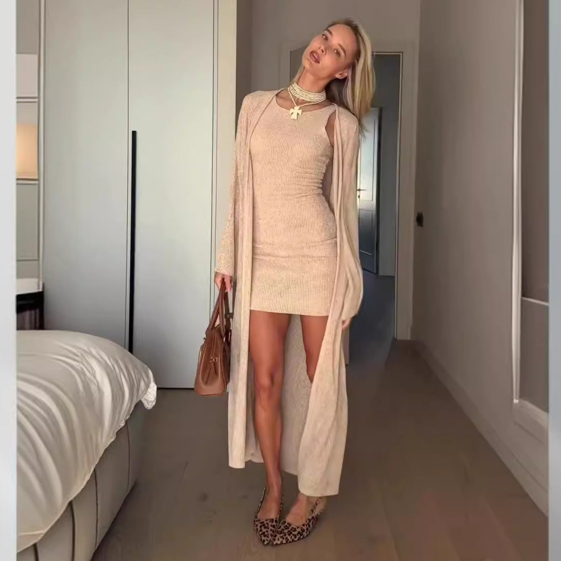 maoxiangshop 2000s fashion 2024 Autumn New Solid Color round Neck Sleeveless Hip Skirt Long Outer Wear Two-Piece Set for Women