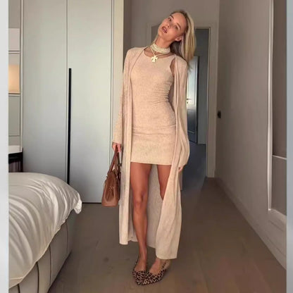 maoxiangshop 2000s fashion 2024 Autumn New Solid Color round Neck Sleeveless Hip Skirt Long Outer Wear Two-Piece Set for Women