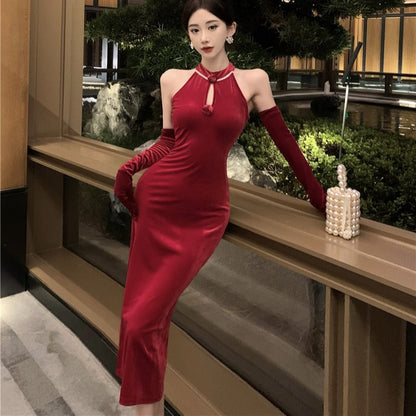 maoxiangshop-shop dress to impress outfits Banquet Host Auto Show Dress Long Dress Improved Cheongsam Dress Sexy Split Halter Velvet Dress