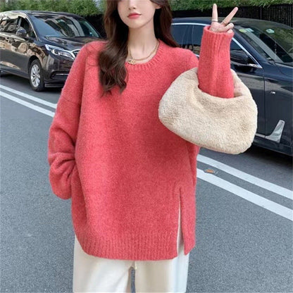 maoxiangshop-shop fall outfits aesthetic Lazy Style Round Neck Split Autumn and Winter New Soft Nuo Sweater Simple Loose All-Match Outer Sweater Women's Clothing