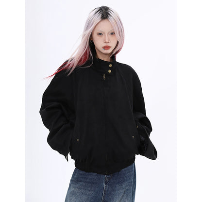 2025n retro black stand-up collar short flight jacket loose warm windproof high-end top coat women