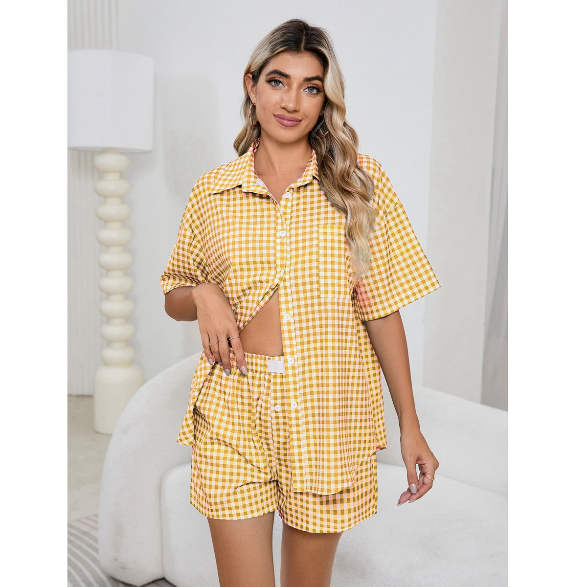 MAOXIANGSHOP 2025Real spot New women's casual and comfortable high waist loose wide leg retro plaid shorts plaid shirt, women