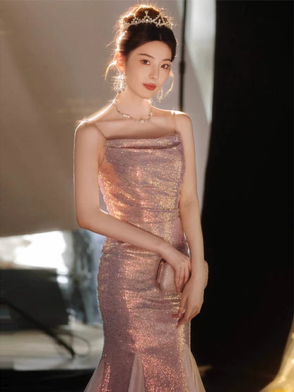 Pink evening dress women's  new host fishtail sequins temperament high-end light luxury niche suspender skirt autumn