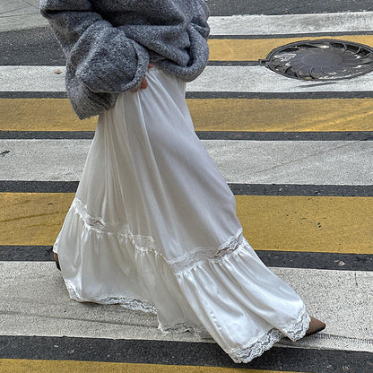 maoxiangshop -  Women's Autumn and Winter New Lace Splicing Low Waist Swing Skirt Elegant Casual Long Skirt Vestidos