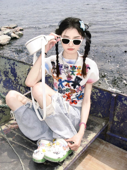 Artist original printing atmosphere thin short sleeves white color graffiti tee summer T-shirt top women
