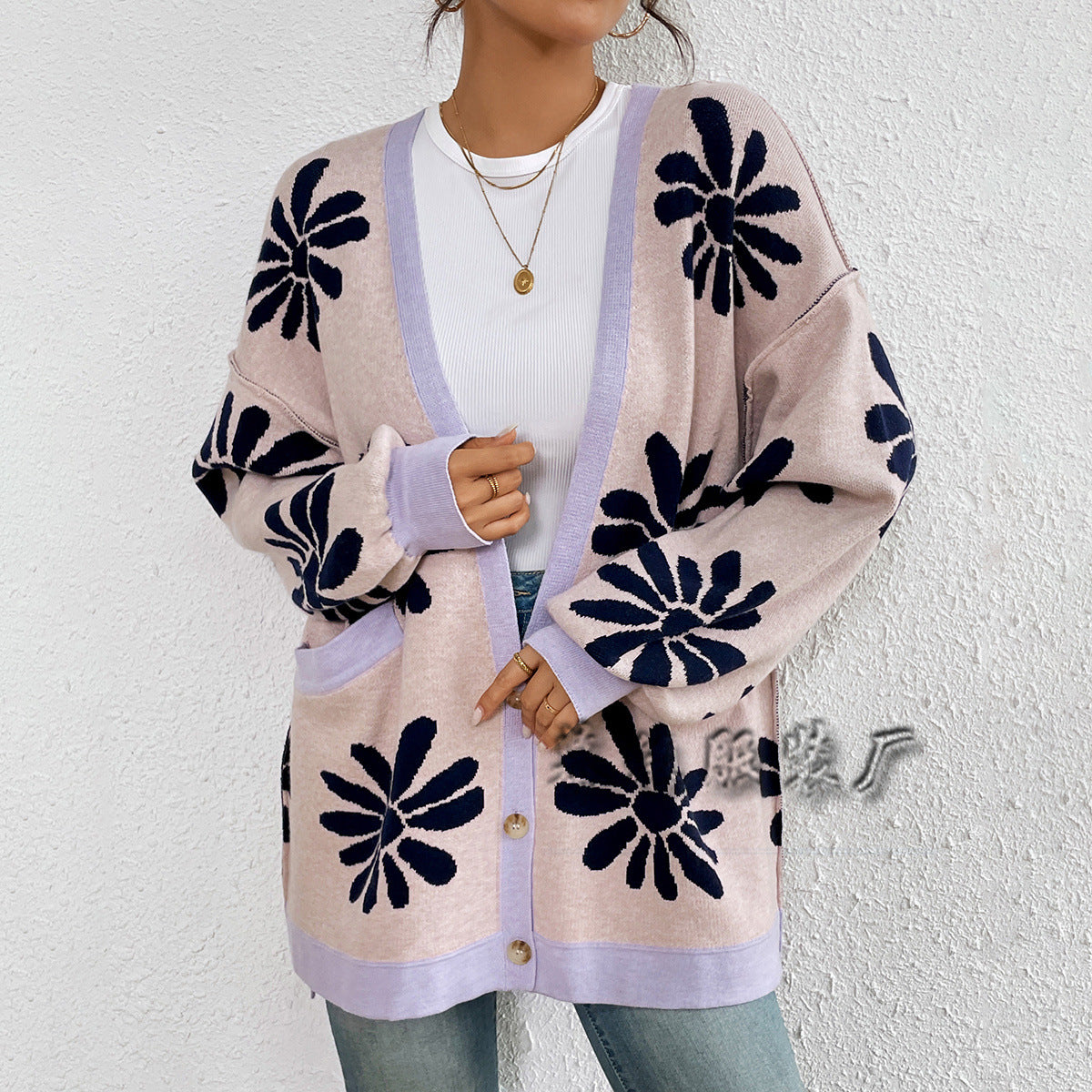 MAOXIANGSHOP New autumn and winter   new V-neck printed commuter temperament loose knitted cardigan sweater women's coat