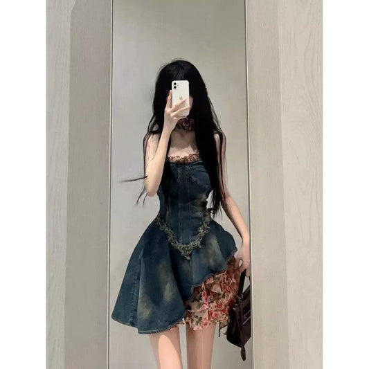 maoxiangshop-shop fall 2024 fashion trends French Style Sweet Hot Girl Tube Top Denim Dress Women's Summer High-Grade Waist Slimming Pettiskirt Small