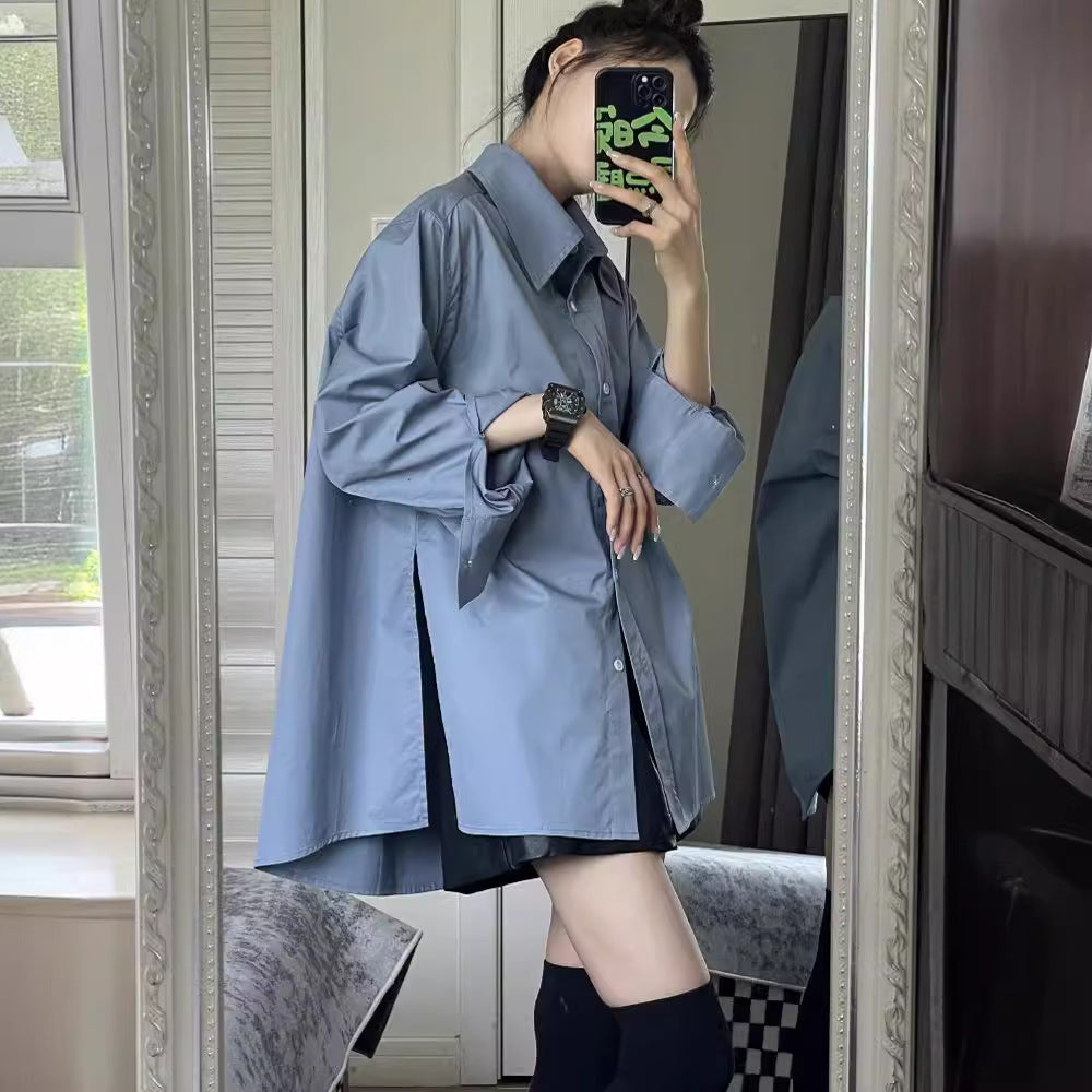 maoxiangshop-shop outfit inspo Haze Blue Casual Long-Sleeved Shirt Women's Loose Lazy Style Spring New High-Grade Stacked All-Match Temperament Top