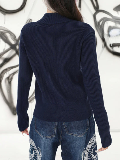 Solid Color Double Zipper Slim-fit Elastic Jacket Women's Spring Stand-Up Neck Knitted Sweater Top Spice Girl Skinny Sweater