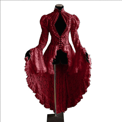 maoxiangshop-shop costume ideas Vintage Lace Stitching Stand Collar Dress Bell Sleeve Slim-Fit See-through Dovetail Skirt for Women