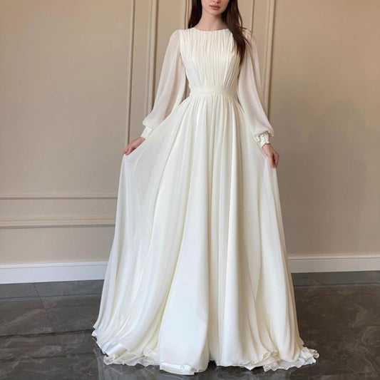 MAOXIANGSHOP 2025 Cross-border Hot Trade Spring and Autumn New Lantern Sleeve Pearlescent Dress White Wedding Dress Crew Neck Dress Long Sleeve Dress