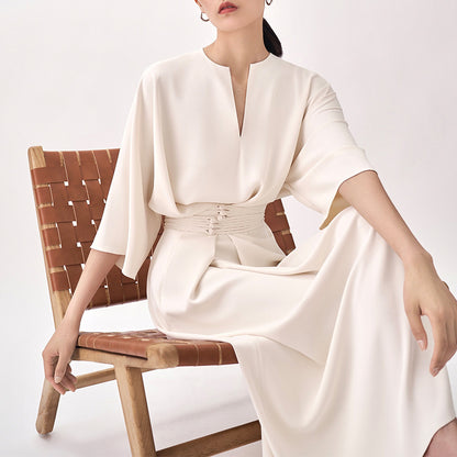 2025 2022 summer new women's clothing retro national style handmade buckle solid color v-neck dress high waist thin solid color dress