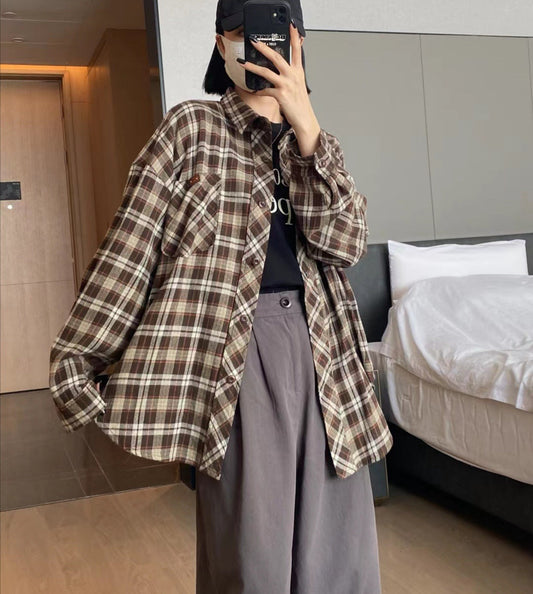 maoxiangshop-shop outfit inspo Autumn New Small Pocket Leather Commuter Casual Korean Plaid Brushed Shirt for Women