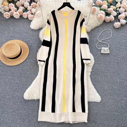 maoxiangshop business casual outfits Lazy Style Dress Women's Autumn and Winter Loose Casual Underwear Sweater Dress Slimming Temperament Striped Contrast Color Dress