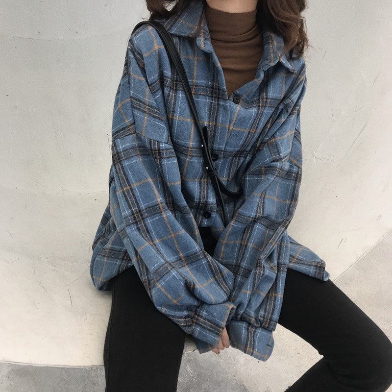 maoxiangshop-shop college outfits aesthetic Brushed Lapel Plaid Shirt Women's Clothing Winter New Retro Hong Kong Style French Fashion Top Student Coat