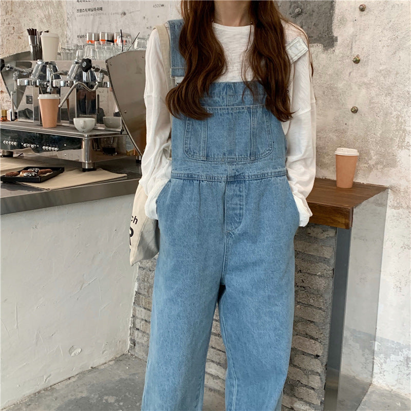 maoxiangshop pumpkin patch outfit Korean Style Denim Suspender Pants for Women 2024 Spring and Autumn New Loose High Waist Straight Wide Leg Draping Mop One-Piece Trousers
