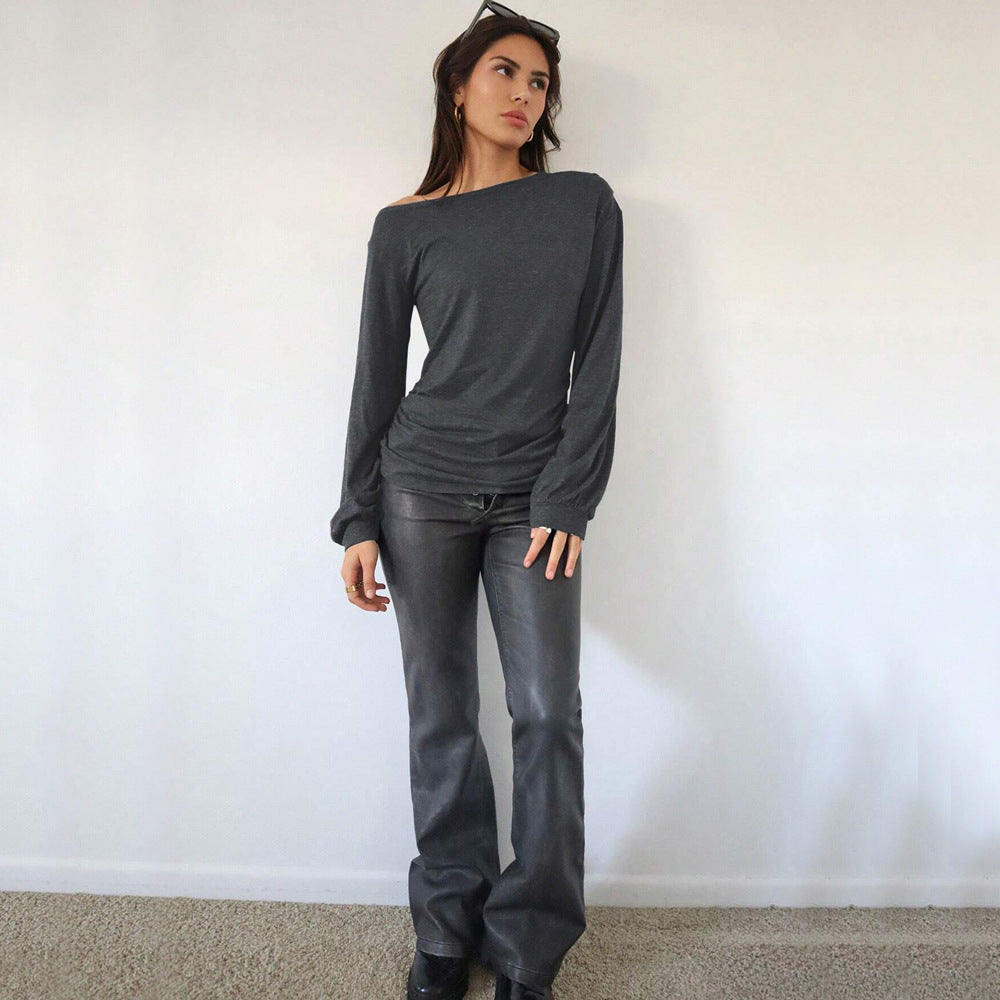 maoxiangshop 2000s fashion 2024 Women's Casual Trendy T-shirt Autumn and Winter Fashion All-Match Loose Slimming Oblique Collar Top
