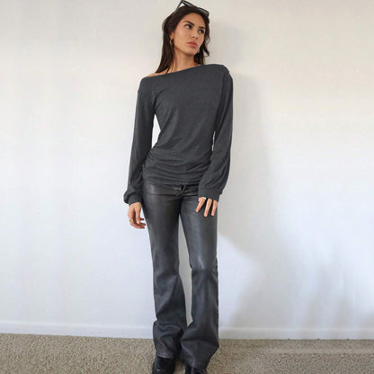 maoxiangshop 2000s fashion 2024 Women's Casual Trendy T-shirt Autumn and Winter Fashion All-Match Loose Slimming Oblique Collar Top