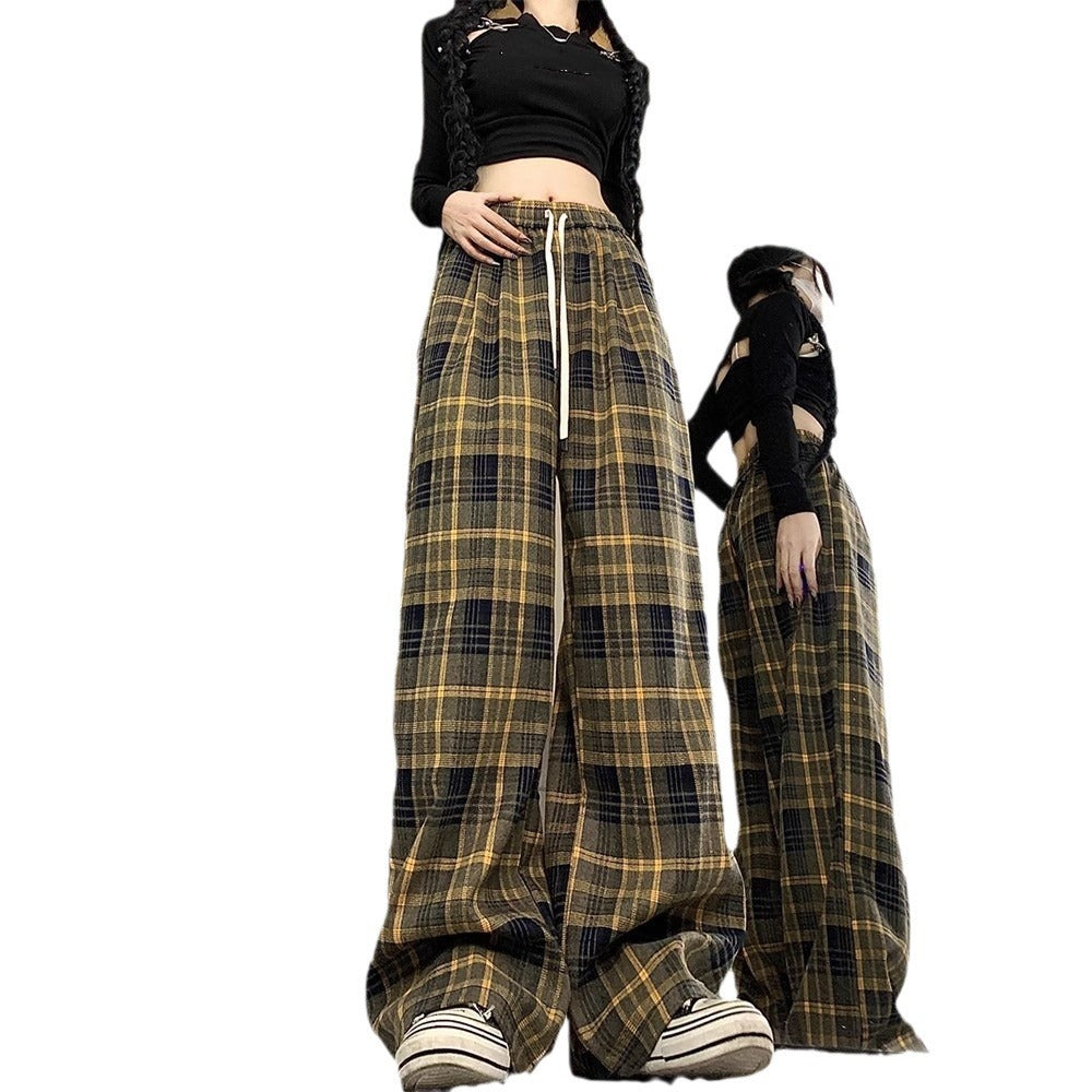 maoxiangshop-shop fall outfits aesthetic Retro Brushed Plaid Casual Pants Women's Autumn New High Waist Straight Pants Slimming Wide Leg Mop Long Pants