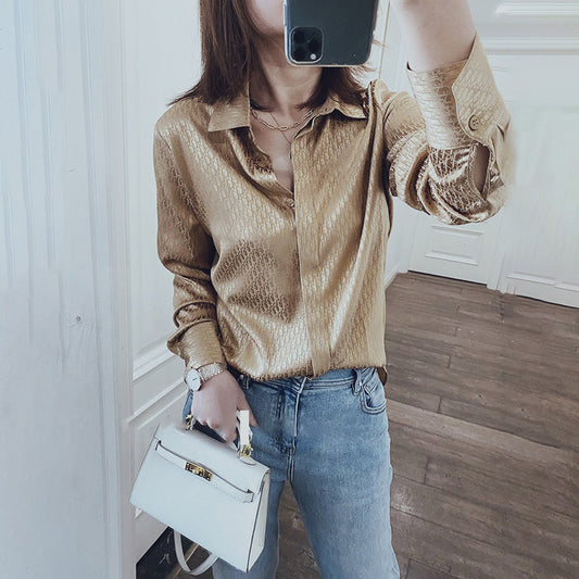 2025 Heavy silk satin high-end letter jacquard temperament mulberry silk shirt  summer Hangzhou silk women's clothing