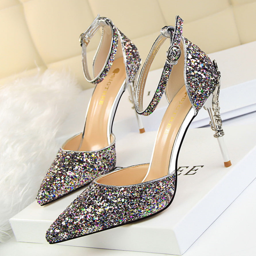 283-A5 2025 sexy hollow women's shoes metal decorative high heel shallow mouth pointed sequins word with hollow sandals