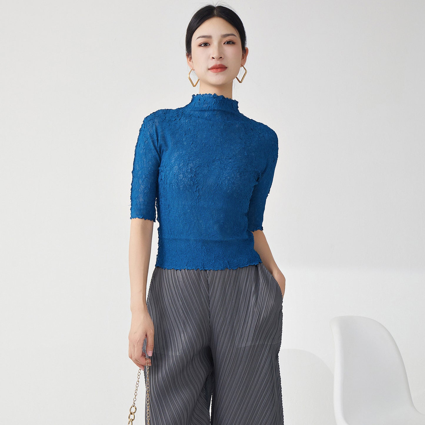 2025 Nanyou high-end women's clothing female slim temperament semi-turtleneck five-quarter sleeve versatile bottoming shirt  T-shirt top