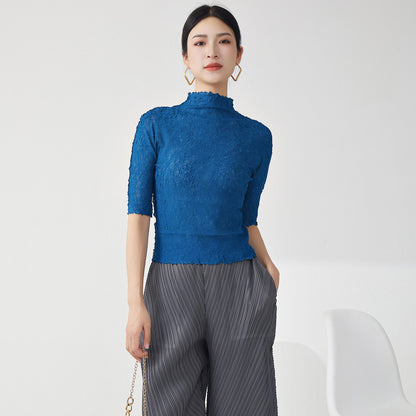 2025 Nanyou high-end women's clothing female slim temperament semi-turtleneck five-quarter sleeve versatile bottoming shirt  T-shirt top