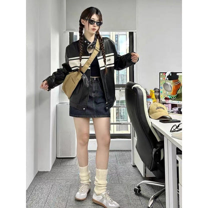 maoxiangshop going out outfits PU Leather New Slim Stand Collar Retro Contrast Color Stitching Zipper Autumn Coat Men's and Women's Motorcycle Jacket Top