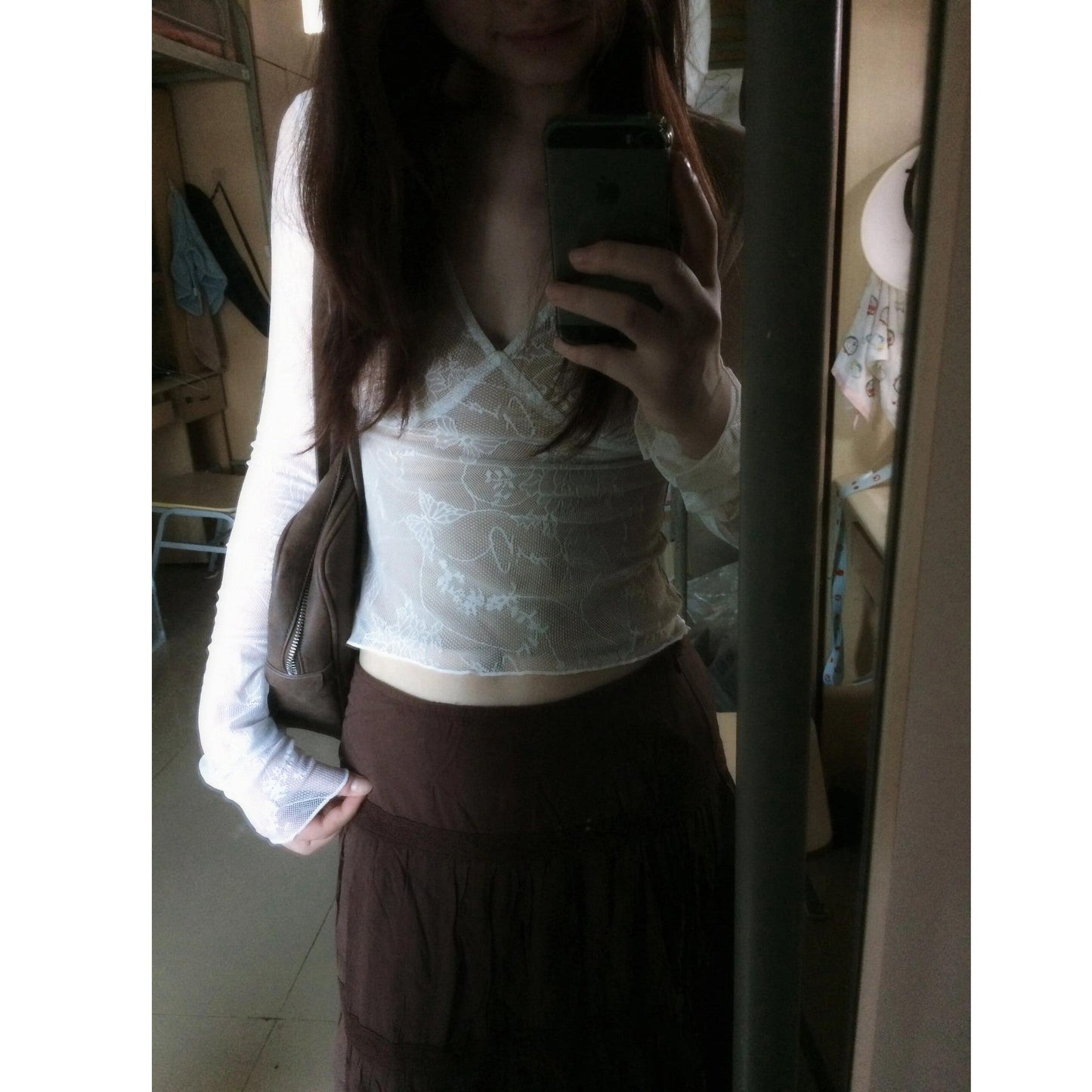 maoxiangshop grunge dti French Retro Top White V-neck Long-Sleeved T-shirt Women's Autumn Hot Girl Slim Lace Shirt High Waist Skirt Suit