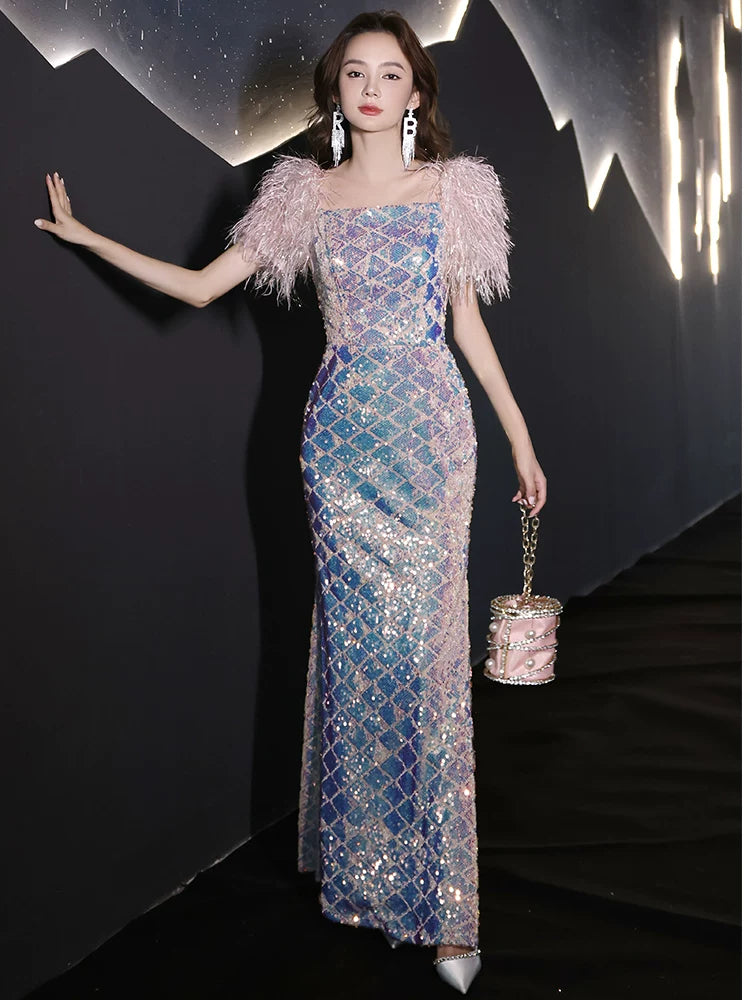 Sequined evening dress women's high-end sense high-end niche light luxury annual meeting host fishtail vocal art test bright dress