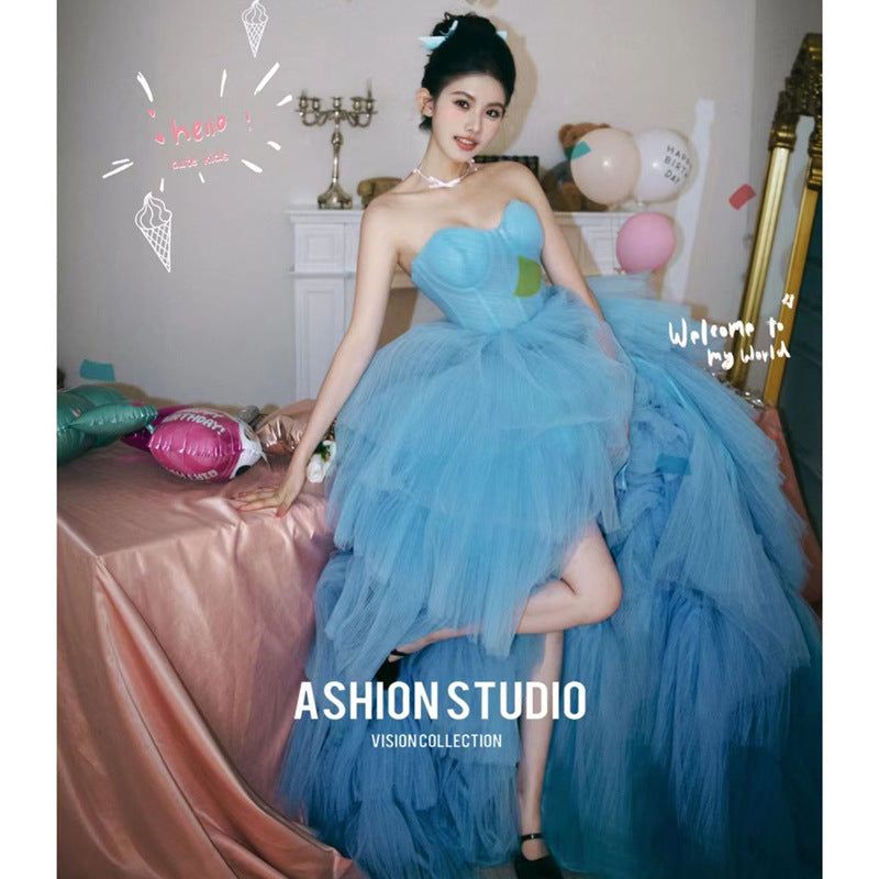 2025Temperament tube top light wedding dress  theme wedding dress new blue street photo interior photography clothing colorful women
