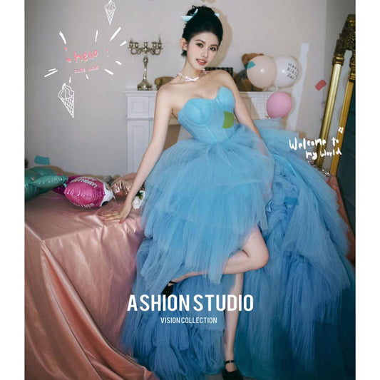 2025Temperament tube top light wedding dress  theme wedding dress new blue street photo interior photography clothing colorful women