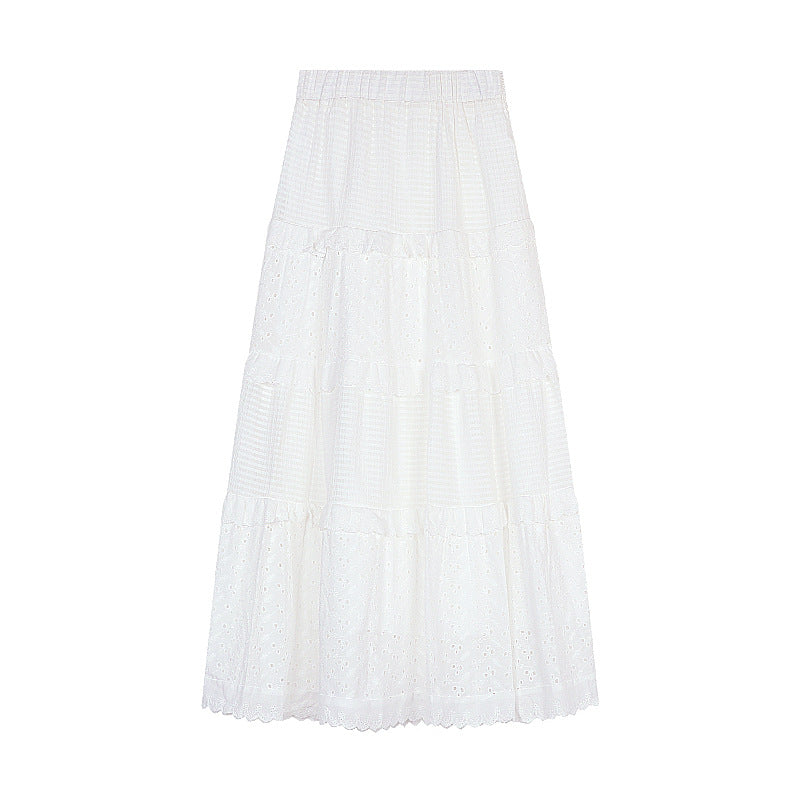 maoxiangshop-shop church outfit White Gentle Style Skirt Women's Early Spring High Waist Umbrella Skirt A- Line Skirt Long Skirt Cake Skirt Design Lace Skirt